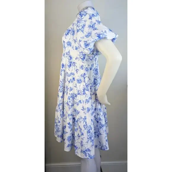 Entro Babydoll Minidress Medium White Blue Floral Ruffle Puff Sleeve Cottagecore - Picture 5 of 11